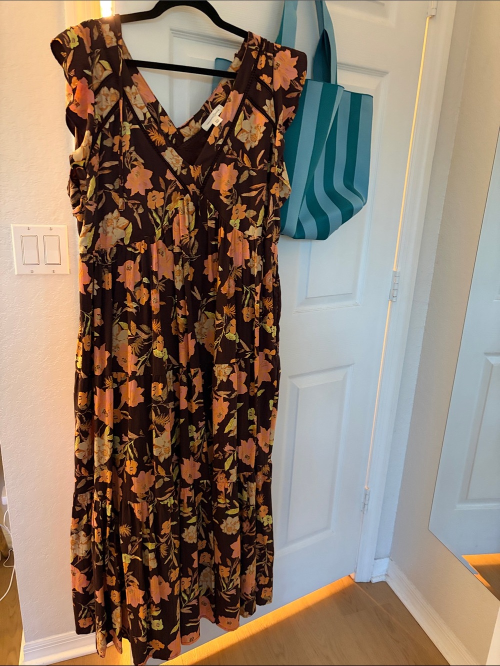 Treasure and Bond Flutter-Sleeve Floral Maxi Dress in Brown and Peach